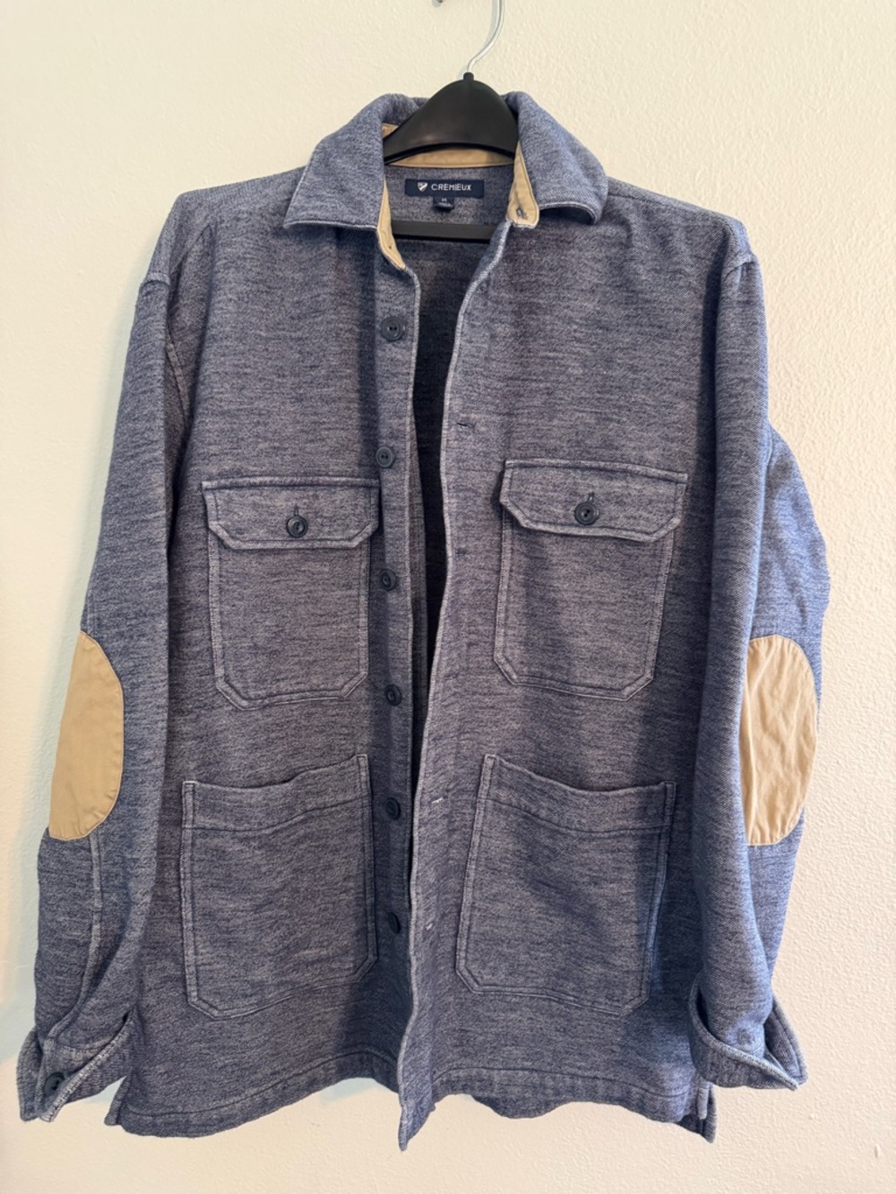 Daniel Cremieux Men’s Blue Shacket Knit Chore Jacket Tan Elbow Patches Medium